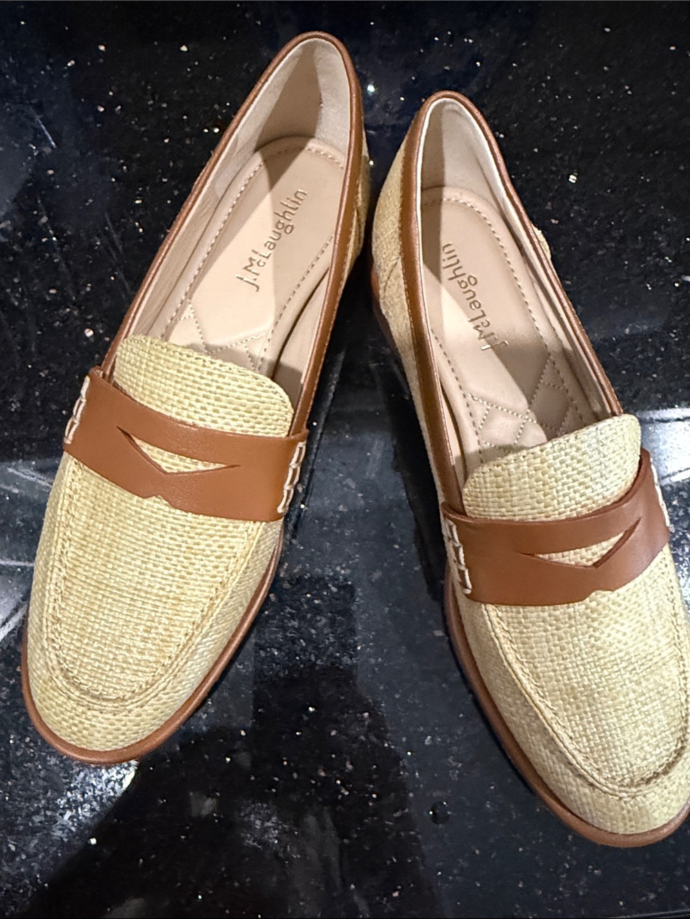 J. McLaughlin Natural Raffia and Tan Leather Loafers